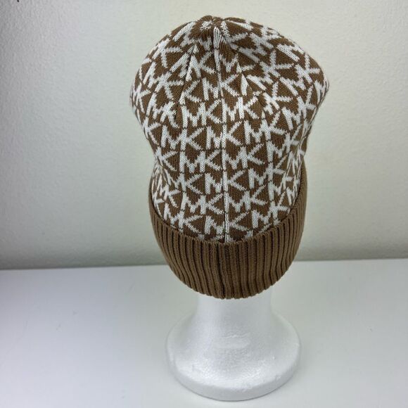 Michael Kors MK Repeat Logo Knitted Beanie Hat, Camel /Cream, One Size - Picture 2 of 5
